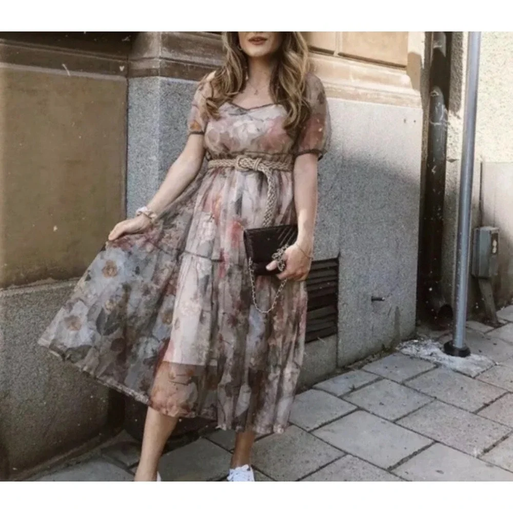 H&M sz M Sheer Floral Puff Sleeve Tiered Tulle Midi Maxi Dress Whimsical Fairy - Picture 5 of 14